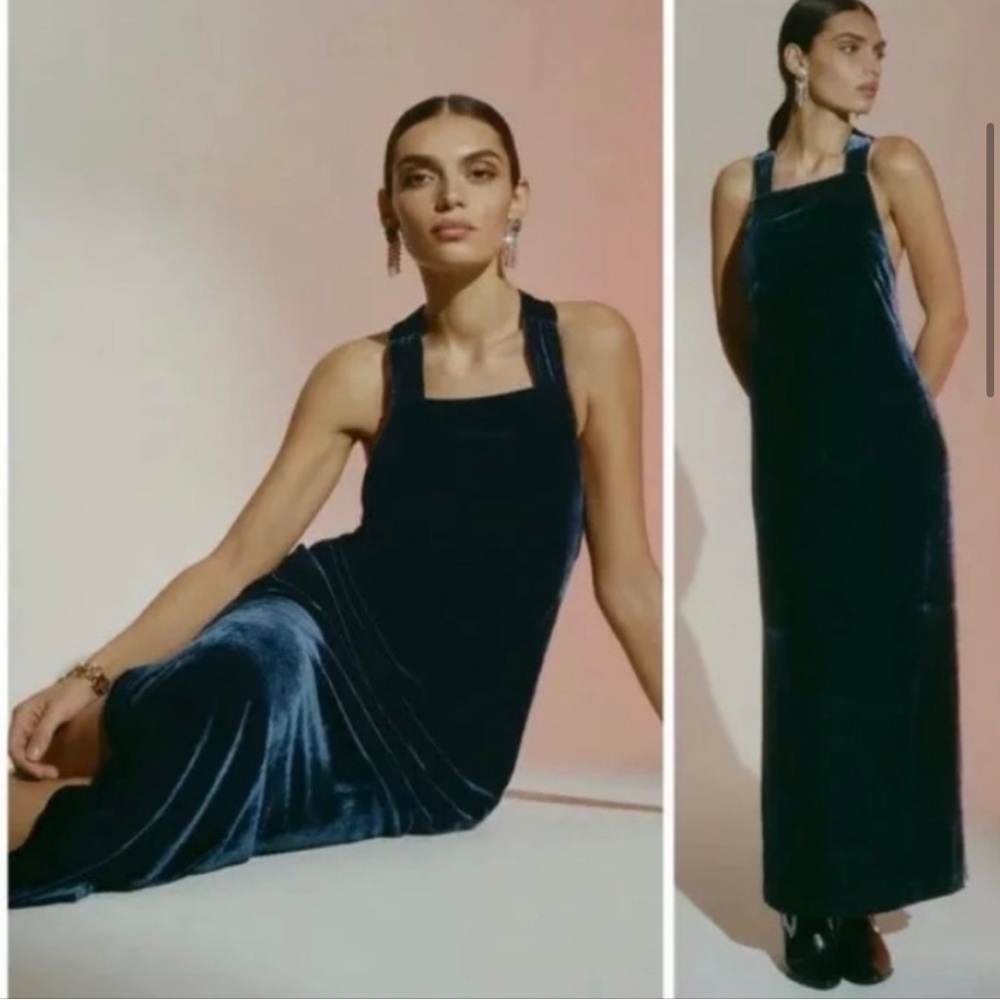 NWT Anthropologie XS Halter Velvet Maxi Dress Navy Blue Square Neck $198
